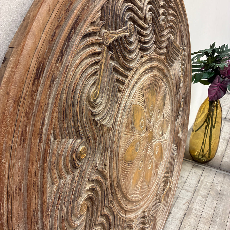 Holztischplatte Wandrelief Rund Holzschnitzerei Tiefrelief Inkl Glasplatte Vintage 150cm