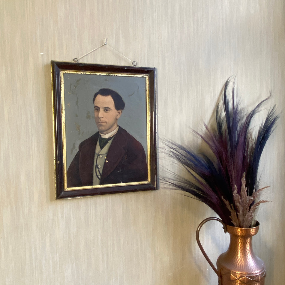 Kunstwerk Gemälde Portrait Herr mit Jacke Holzrahmen Wandbild