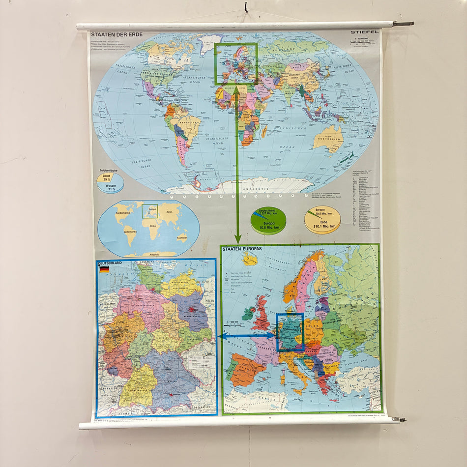Vintage School Map – Countries of the World, Europe & Germany – Boot-Shaped Geography Teaching Chart Roll Map, Used