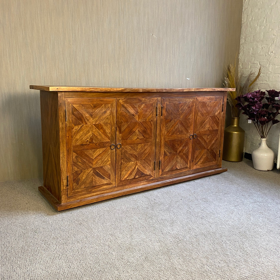 Massives Holz-Sideboard – Vintage Kommode mit Intarsienfront – viel Stauraum – Schubladen & Türen – antik/klassisch – gebraucht