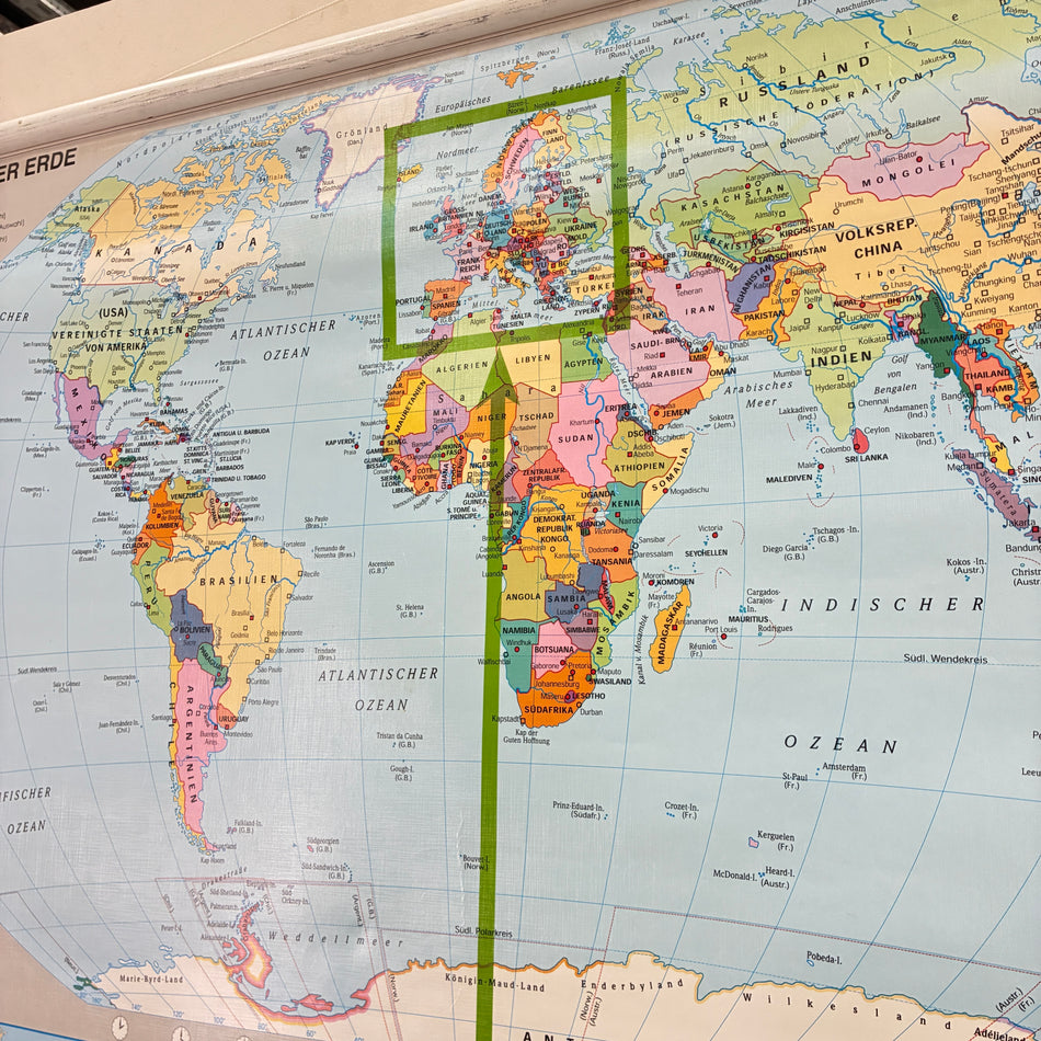 Vintage School Map – Countries of the World, Europe & Germany – Boot-Shaped Geography Teaching Chart Roll Map, Used