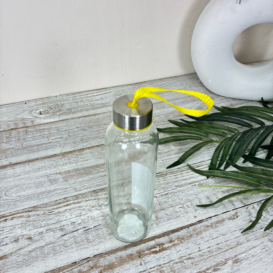 Trinkflasche 500ml Glas Transparent Gelbes Band Metalldeckel Wasserflasche