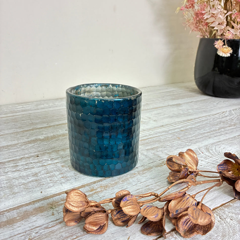 Mosaik Windlicht Teelichthalter L Blau Silber Glas Deko Vase Gebraucht