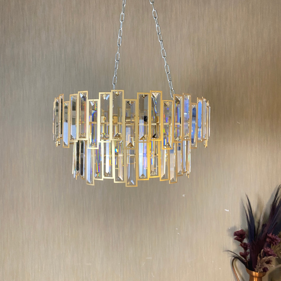 Design Kronleuchter golden mit Glasprismen – Luxor rund Lampe