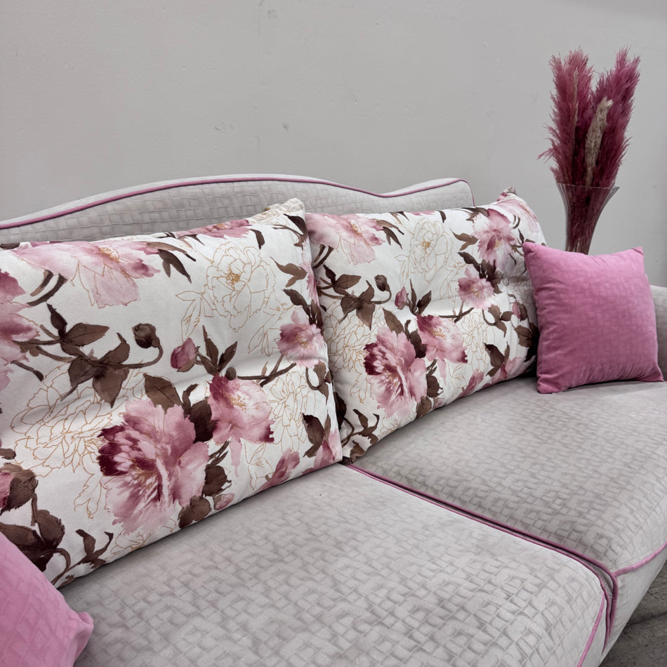 Savolli Dreisitzer Couch Beige Grau Rosa mit Kissen Sofa Gebraucht