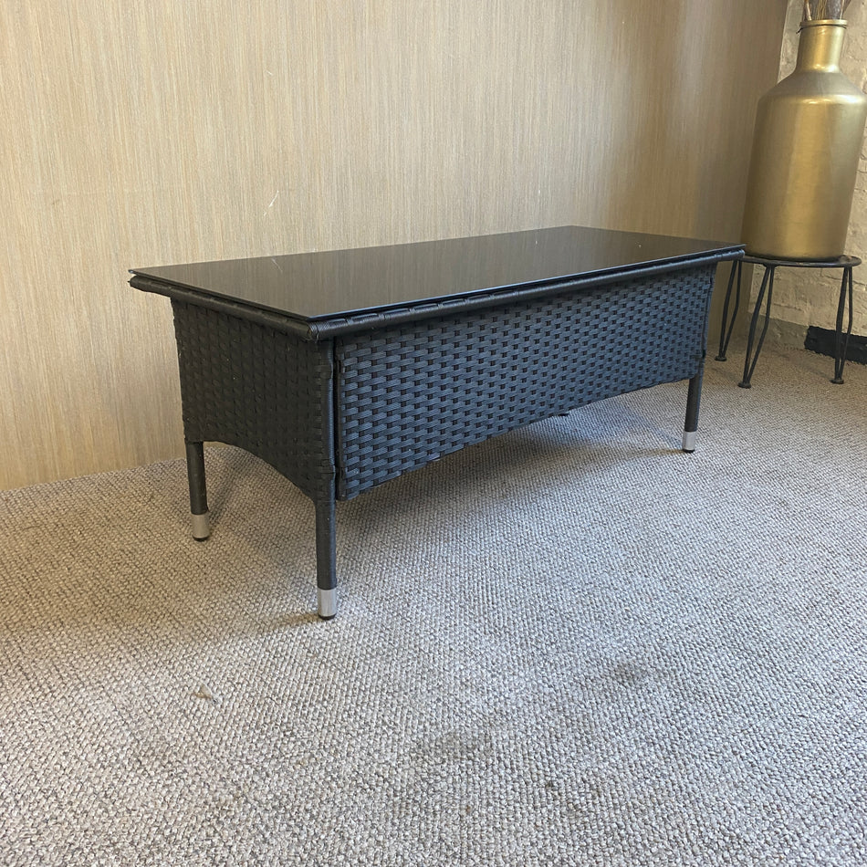 Outdoor Glas Couchtisch schwarz Rattan Gartentisch
