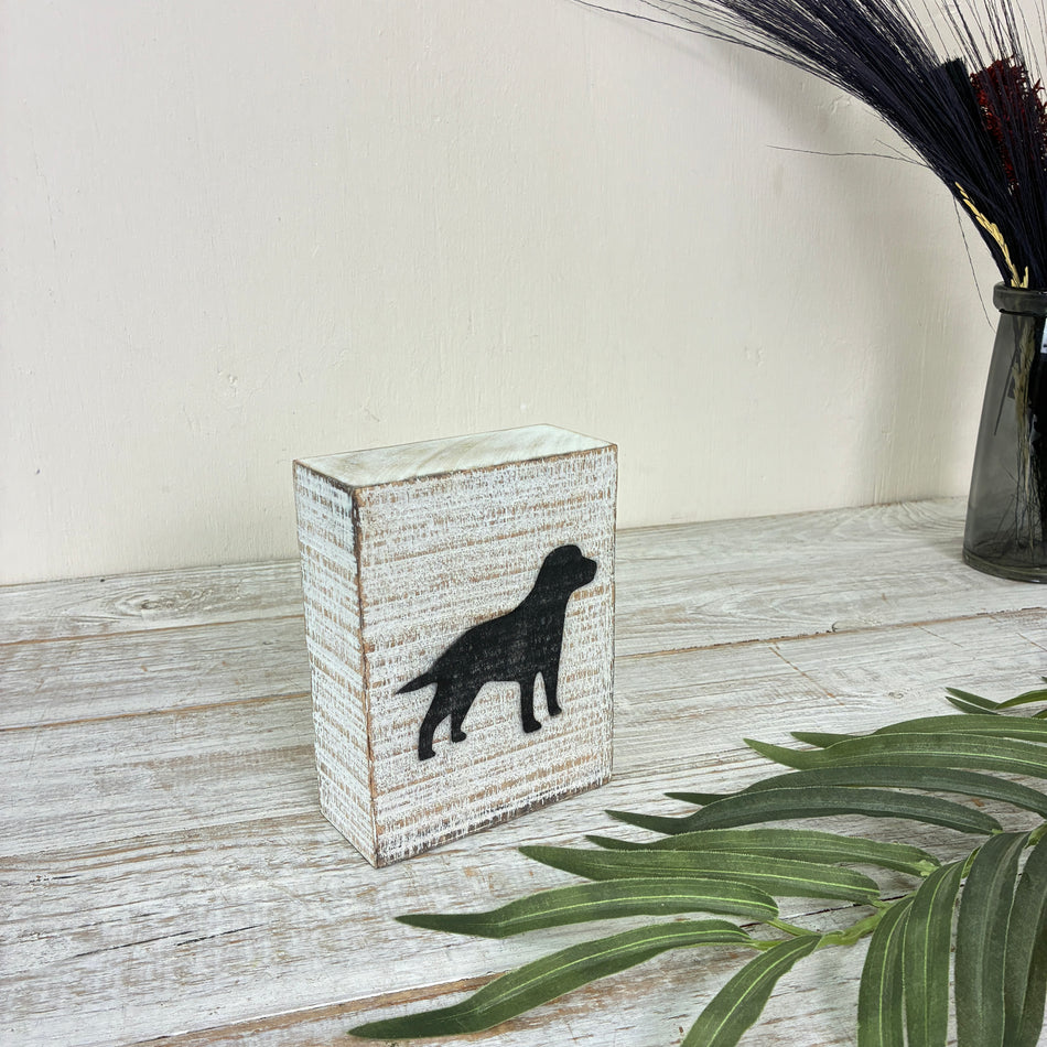 Dekorativer Block 15cm Holz Hund Weiß Schwarz Deko Holzblock