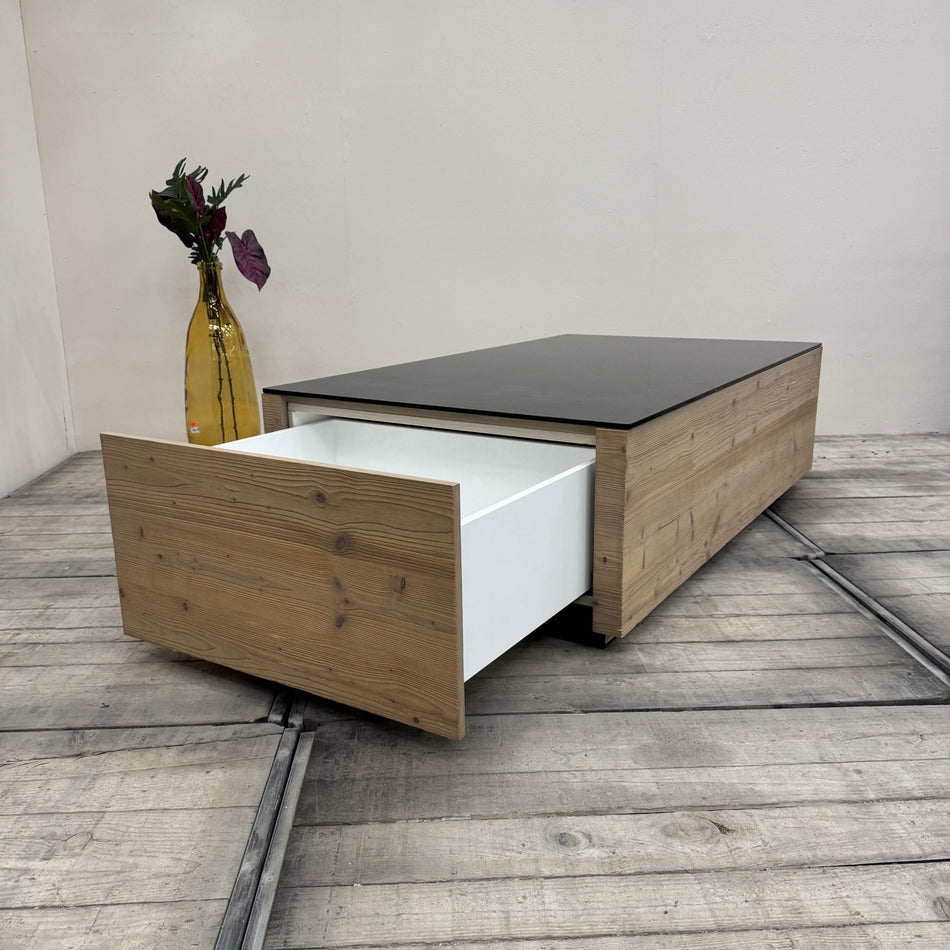 Design Couchtisch Holzoptik Glasplatte Schublade Tisch gebraucht