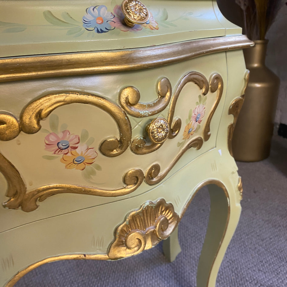 Barocker Vintage Nachttisch grün mit handbemalten Blüten & Goldverzierung Tisch gebraucht