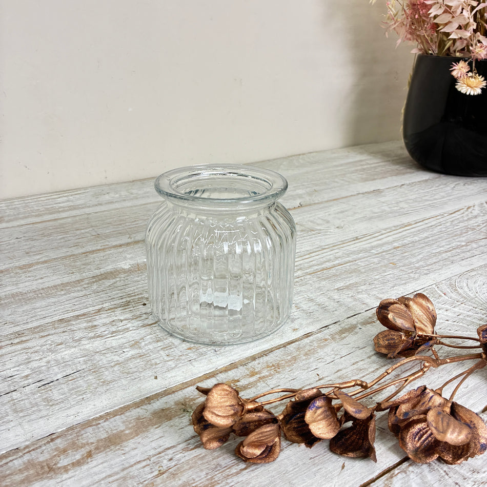 Glasvase Rillenglas Bauchige Minivase Gefäß Klarglas Tischdeko Deko Gebraucht
