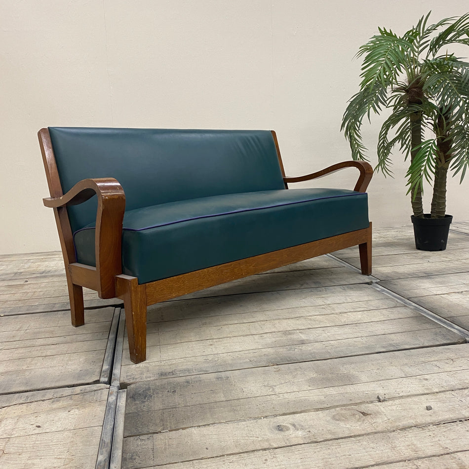 Mid Century Sofa grün Leder Holz Vintage Couch