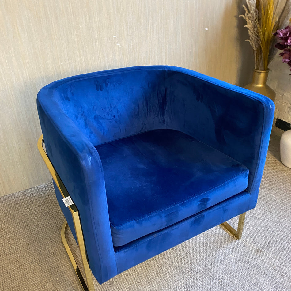 Königsblauer Samtsessel mit goldfarbenem Metallgestell – moderner luxuriöser Lounge Stil – Sessel gebraucht