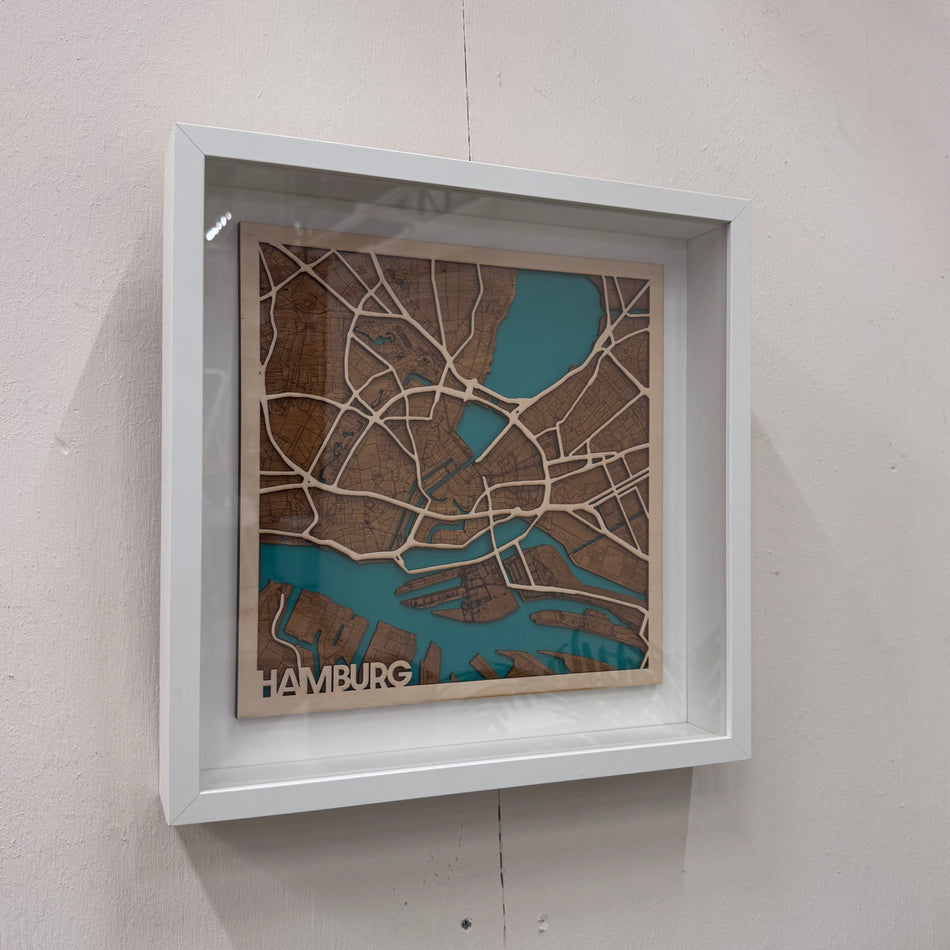 Thomas Klotz Hamburg Holz-Stadtkarte Blau 3D-Relief Wandbild Deko