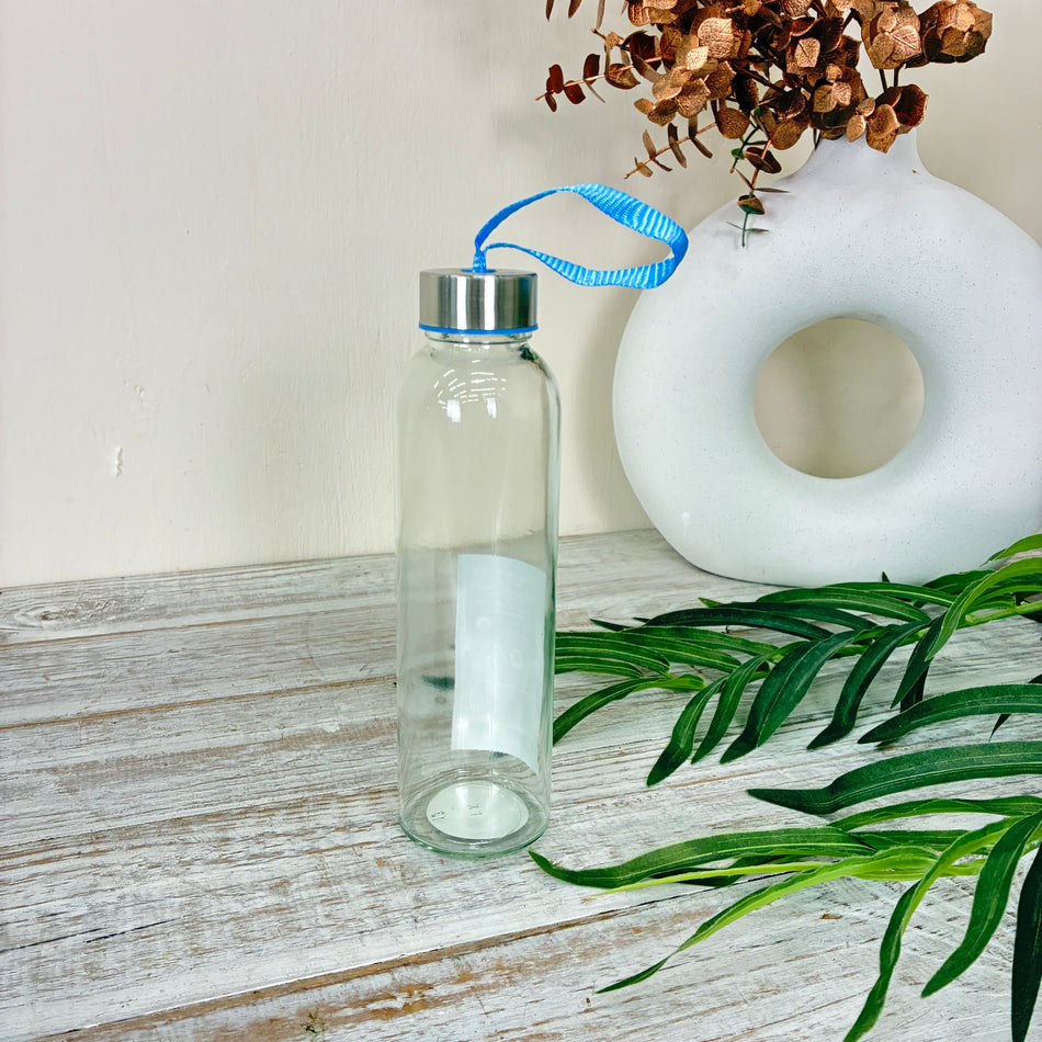 Trinkflasche 500ml Glas Transparent Blaues Band Metalldeckel Wasserflasche