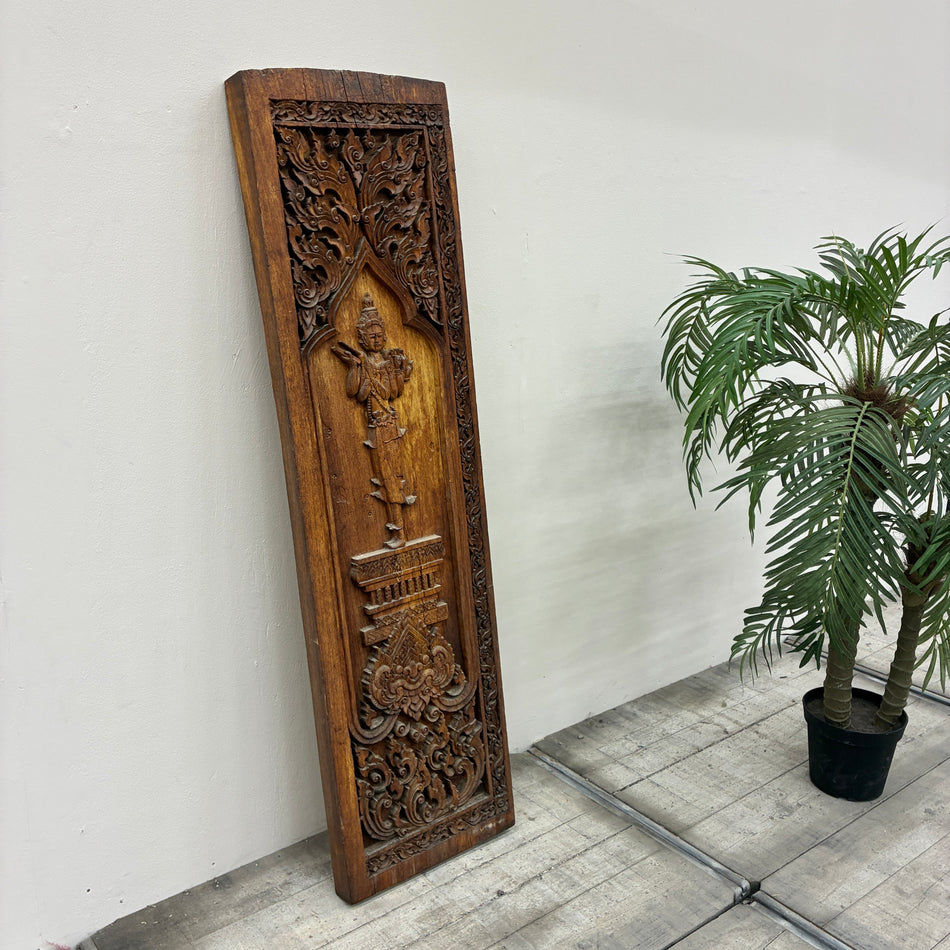 Wandpaneel Geschnitzt Thailand Gottheit Flammenbogen Holz Wandrelief Antik