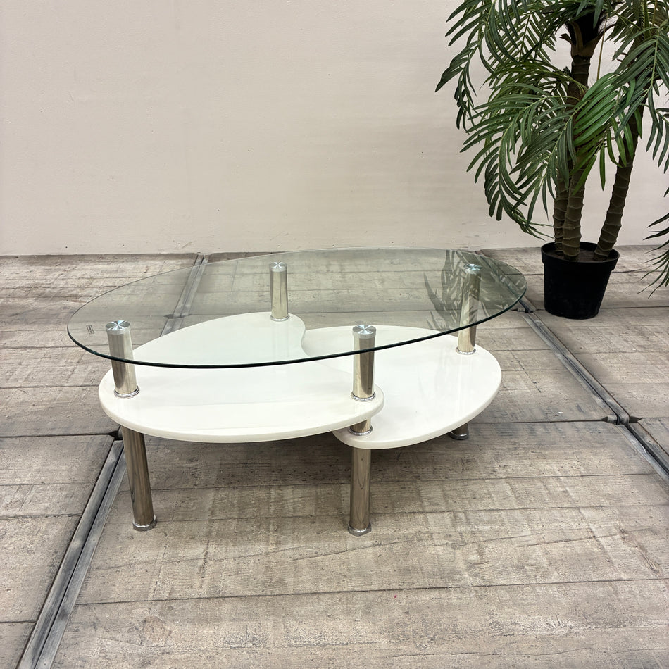 Design Coffeetable Couchtisch Glas Weiß Chrom Nierenform 20. Jh. Gebraucht