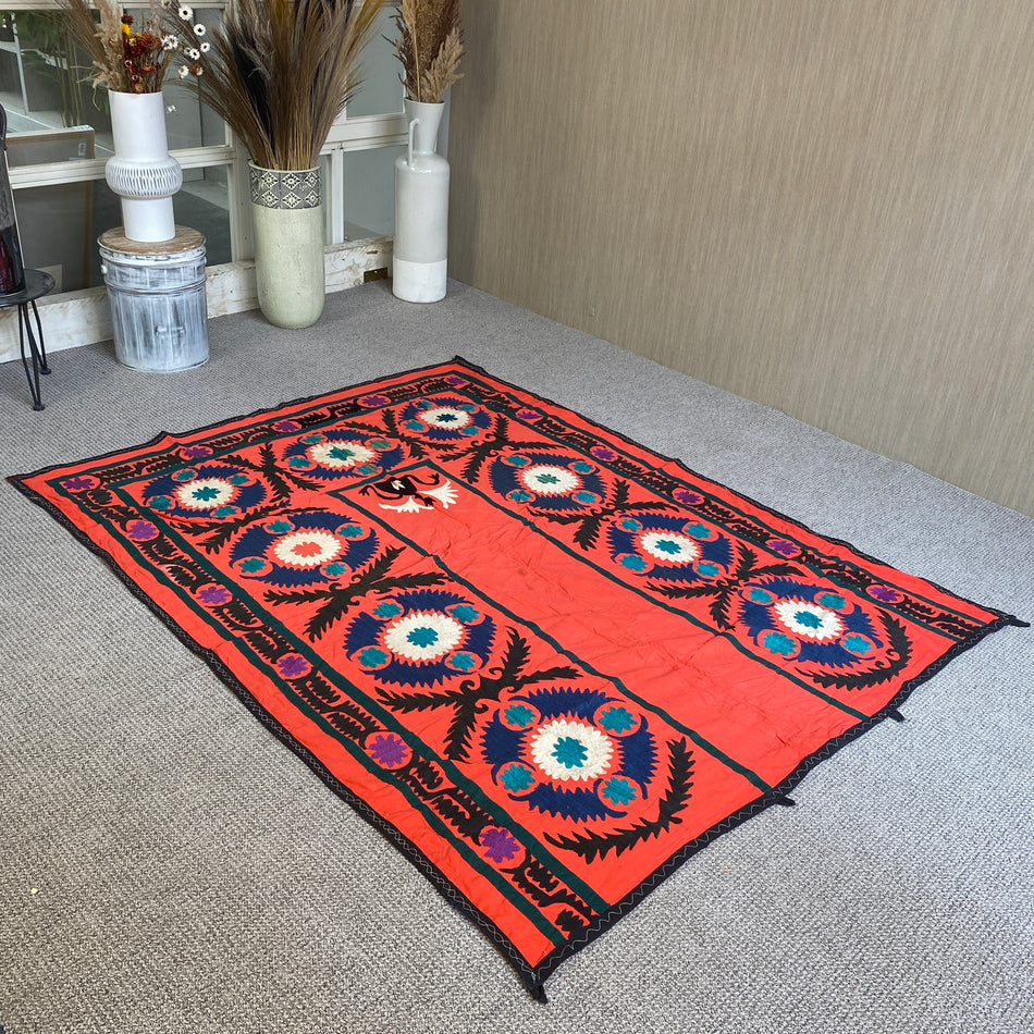 Vintage Wandteppich antik rot gemustert Stoff 185x145
