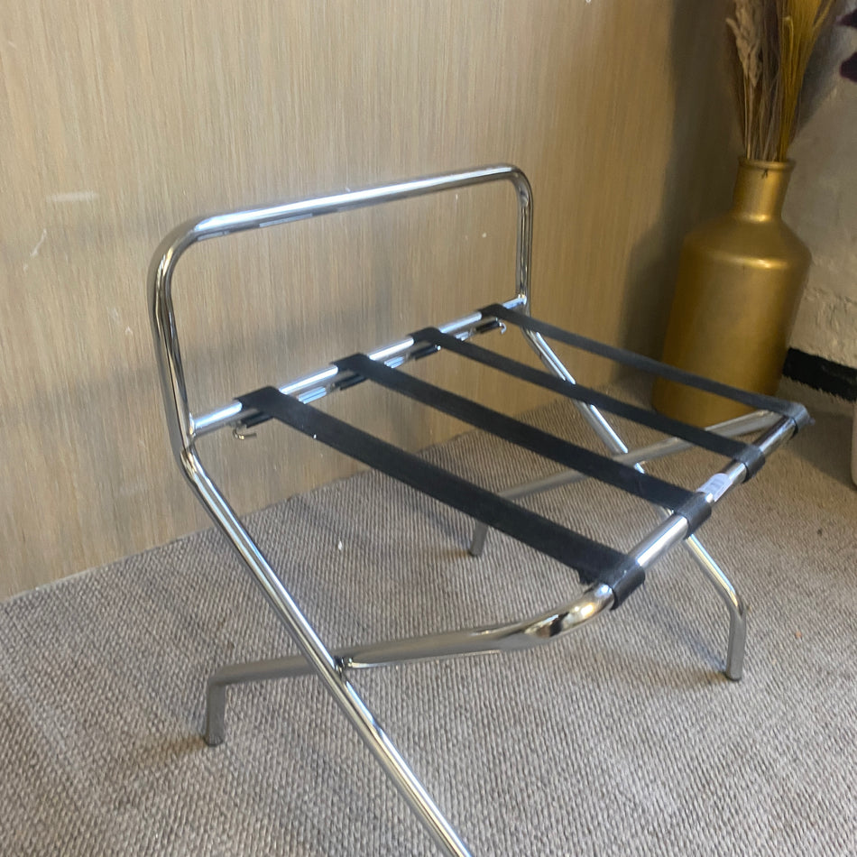 Kofferbank aus Chrom mit schwarzen Gurten – Kofferablage Hotelstil Gepäckablage gebraucht