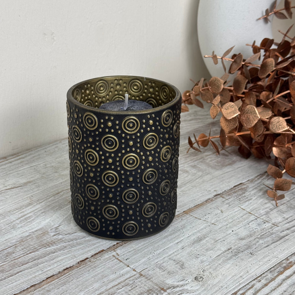 Countryfield Teelichthalter Hailey Windlicht Schwarz Gold Muster Deko