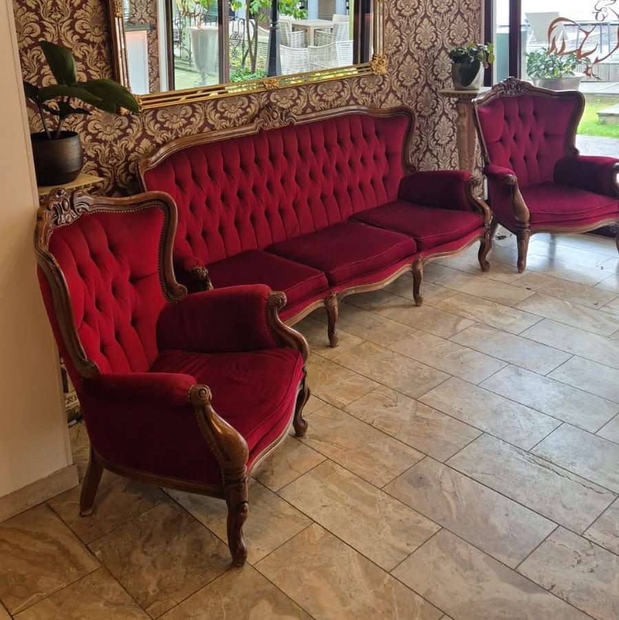 Barock Sitzgruppe aus rotem Samt – Sofa & Sessel im Louis-Stil gebraucht 3-teilige Garnitur