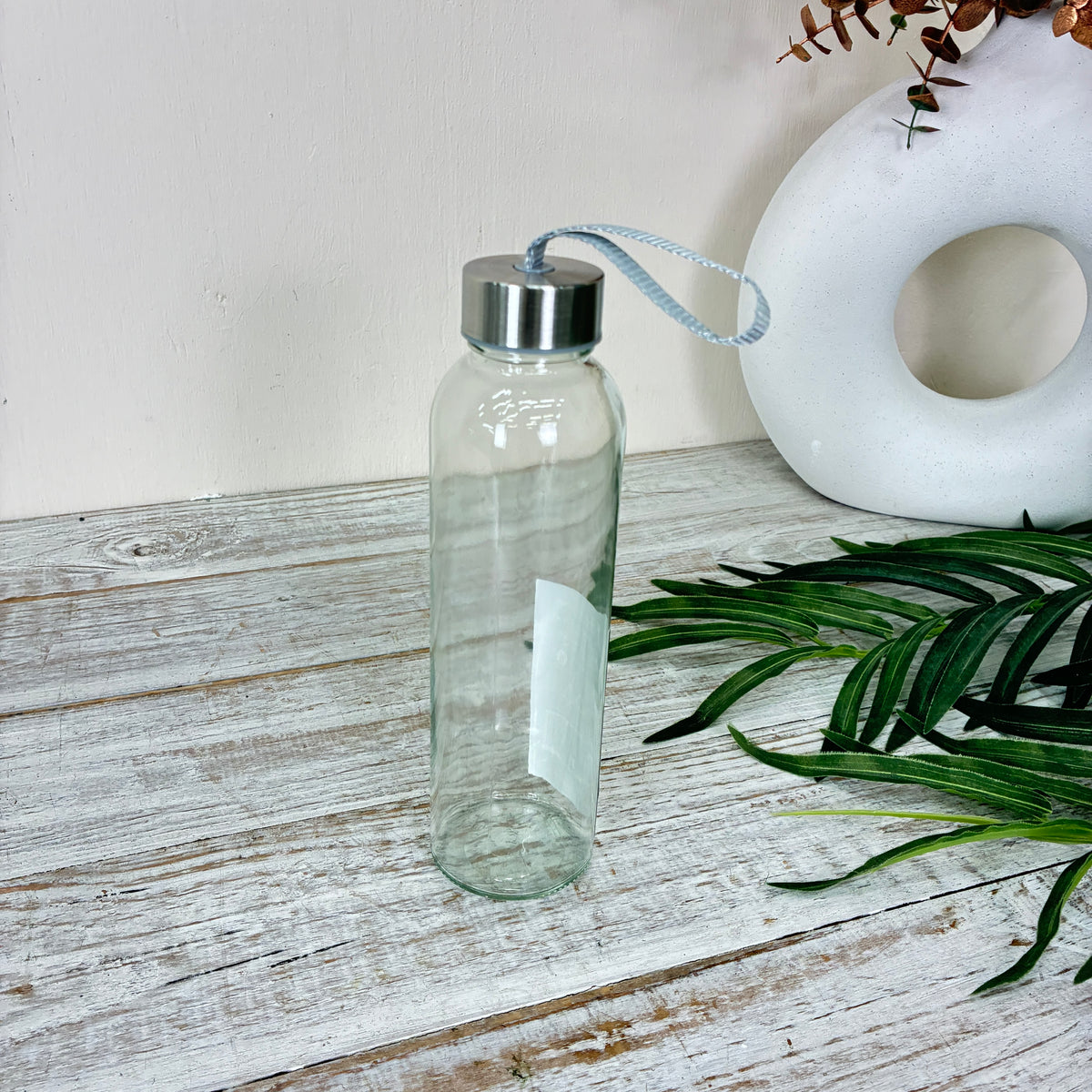 Trinkflasche 500ml Glas Transparent Graues Band Metalldeckel Wasserfla