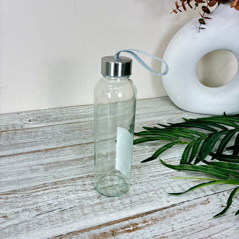 Trinkflasche 500ml Glas Transparent Graues Band Metalldeckel Wasserflasche