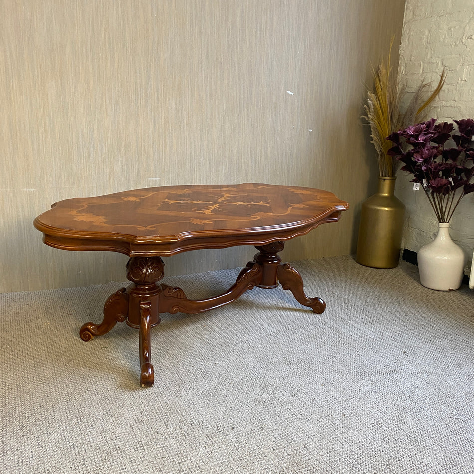 Antiker Holz-Couchtisch mit Intarsien – Barockstil – oval – gedrechseltes Fußgestell - Tisch gebraucht