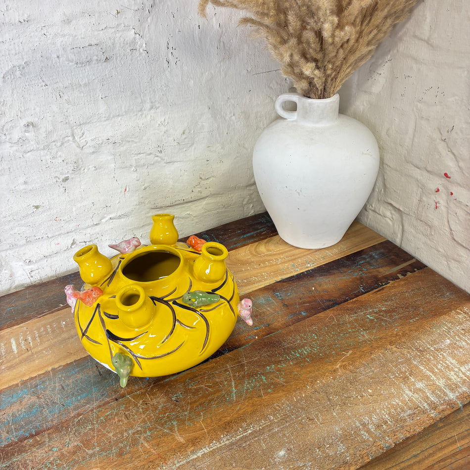 Vase gelb bunt Keramik Vogel Blumenvase Mini flach