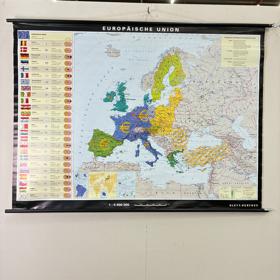Vintage School Map – European Union – Political Geography Educational Chart Velcro Perthes Roll Map Used