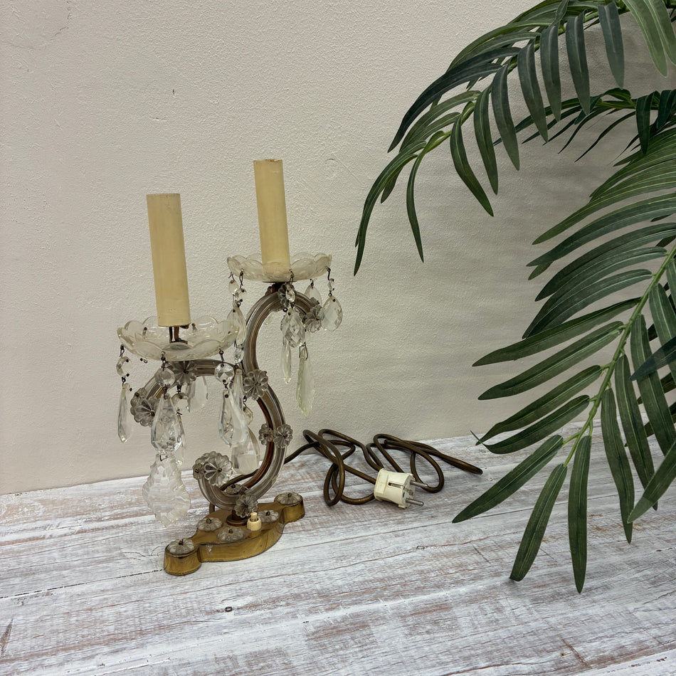 Tischleuchte antik Lampe 2-flammig Prismenbehang