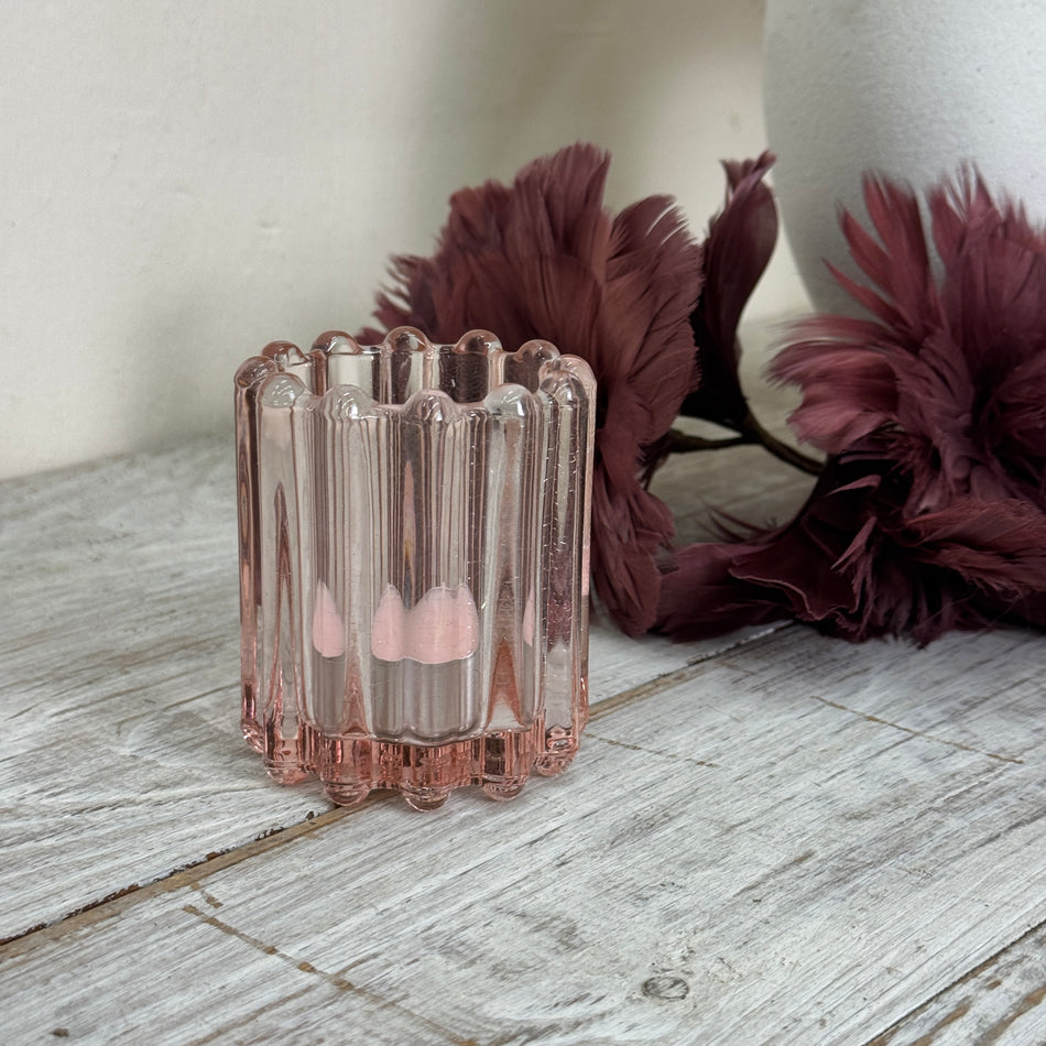Windlichthalter Teelichthalter Rillen Glas Rosa Altrosa Tischdeko Deko Gebraucht