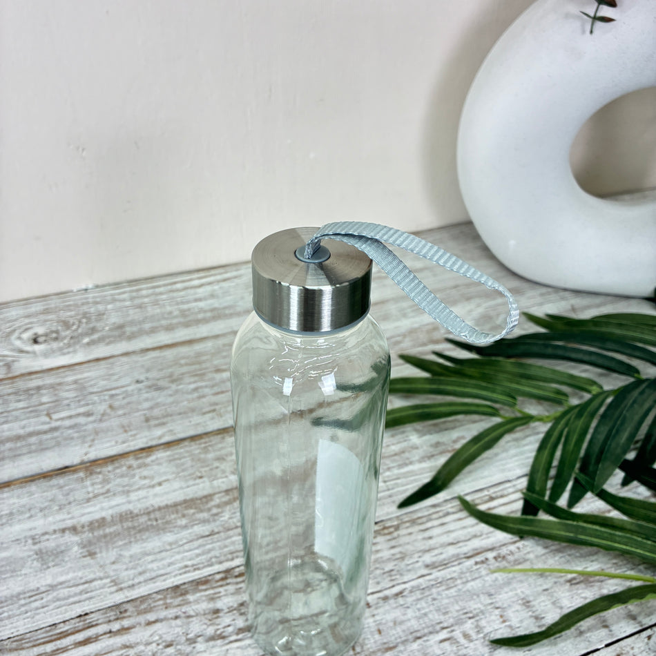 Trinkflasche 500ml Glas Transparent Graues Band Metalldeckel Wasserflasche