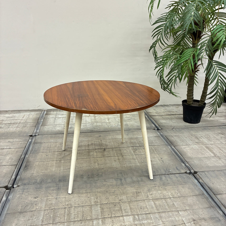 Mid Century Beistelltisch Rund Teak Braun Weiß Holz Couchtisch Tisch Vintage