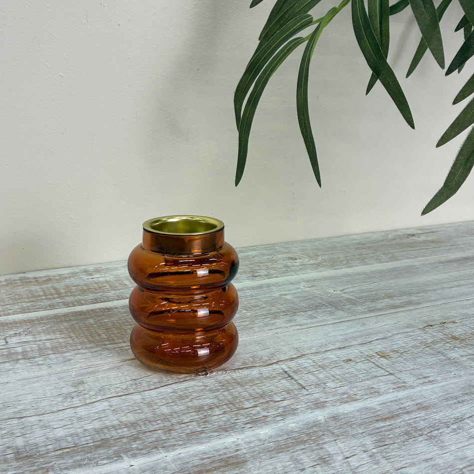 Design Windlicht Glas Teelichthalter Rauchglas Orange Gold Welle