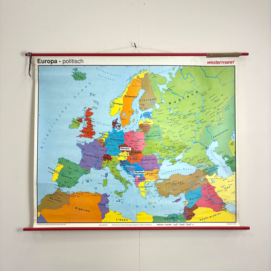 Vintage Schulkarte – Europa politisch – Geografie Lehrtafel Rollbild Wanddeko