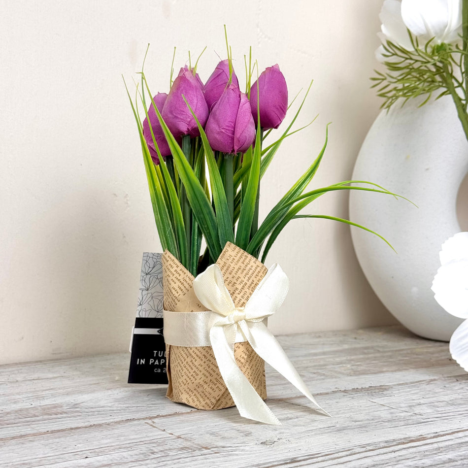 Kunstblumen Tulpen in Geschenkverpackung Deko Lila Frühling