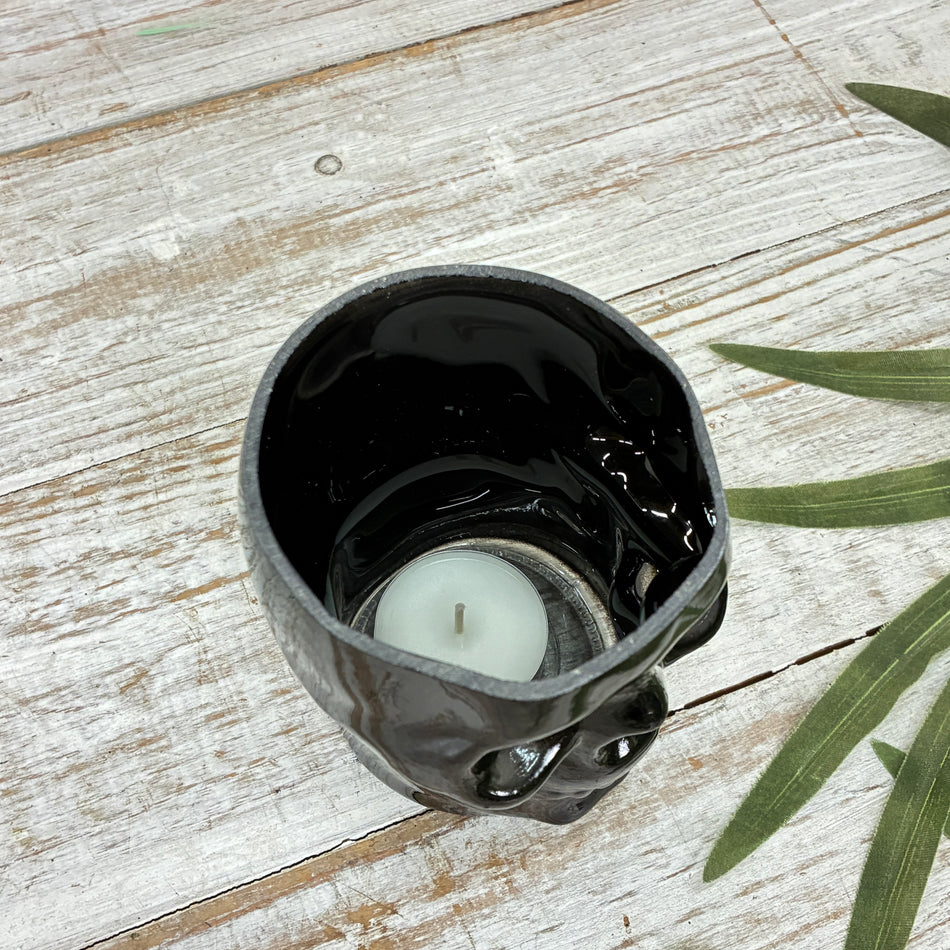 Teelichthalter Totenkopf 10cm Schwarz Keramik Kerzenhalter Deko