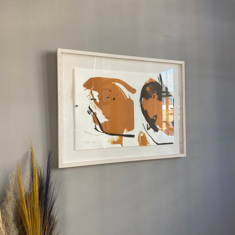 Kunst Druckgrafik Abstrakt orange Holzrahmen weiß 63x84