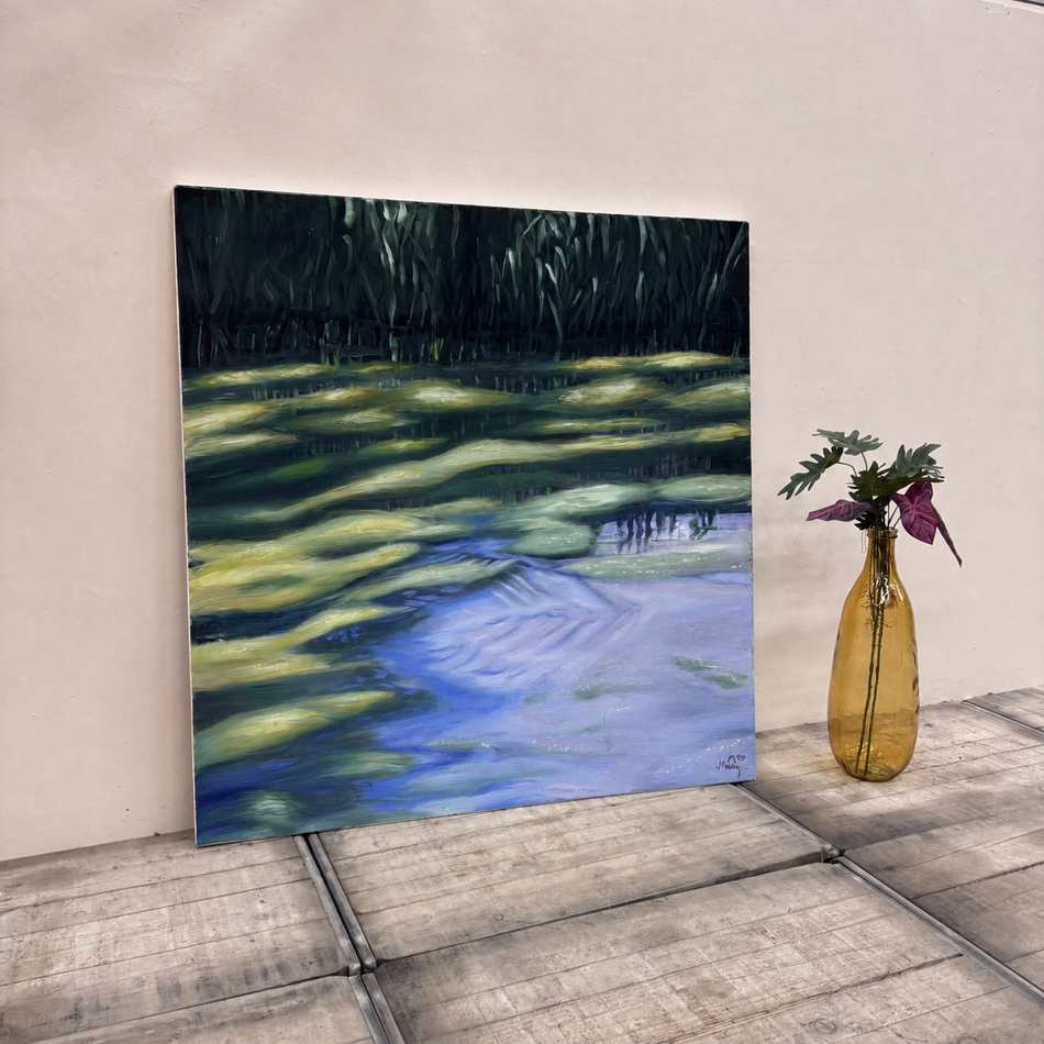 Abstraktes Gemälde Teich mit Wasserlinsen Leinwand Handgemaltes Kunstwerk Wanddeko