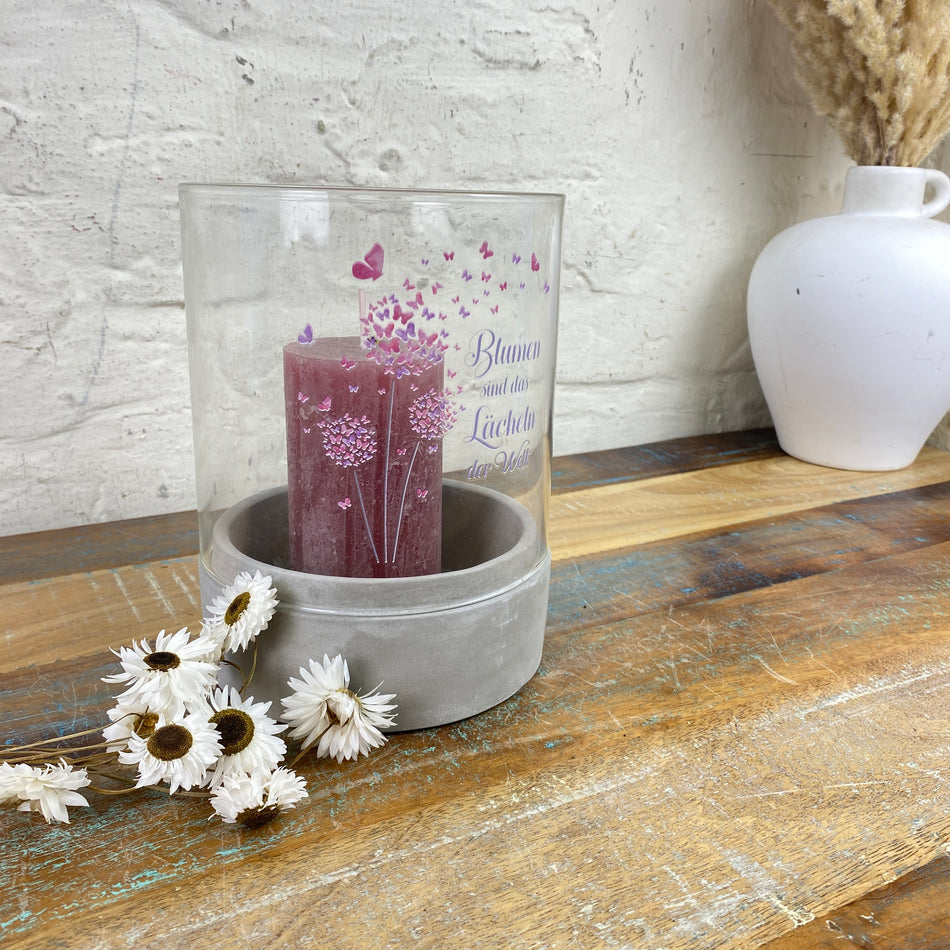 Windlicht pink grau Glas Zement Pustblume Blumen sind das Lächeln der Welt Deko