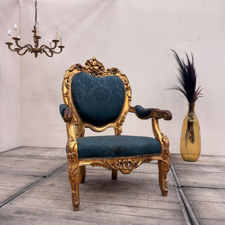 Barocksessel Prunksessel Armlehnstuhl Blau Gold Massivholz Stuhl Gebraucht