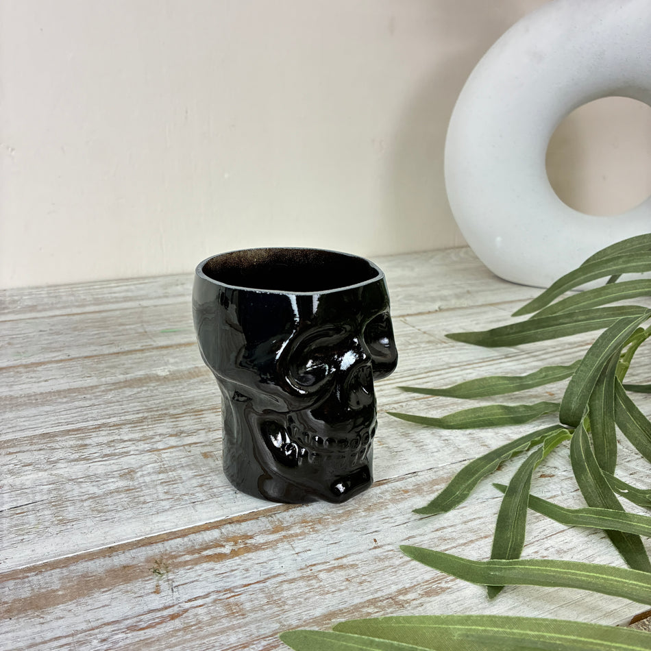 Teelichthalter Totenkopf 10cm Schwarz Keramik Kerzenhalter Deko