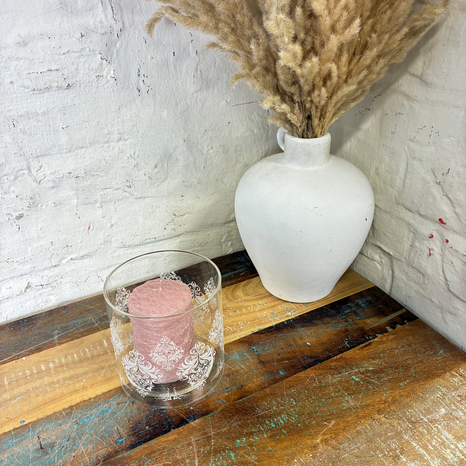 Teelichthalter 2-teilig mit weißen Ornamenten Glas 12cm