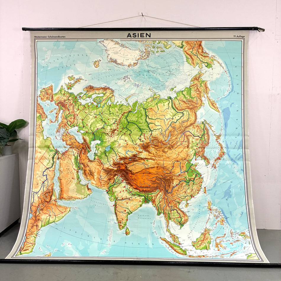 Vintage Schulkarte – Asien – Westermann Geografie Lehrtafel Rollbild Wanddeko