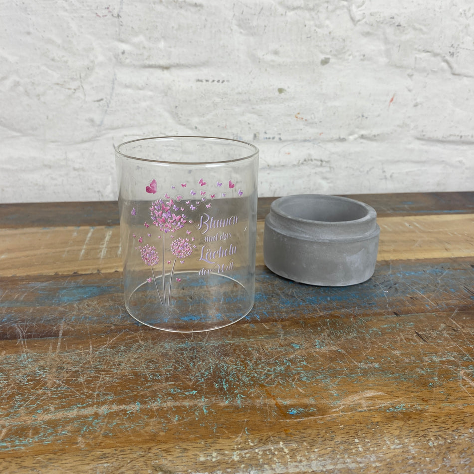Teelichthalter pink grau Glas 13cm  Zement Pustblume Blumen sind das Lächeln der Welt Deko