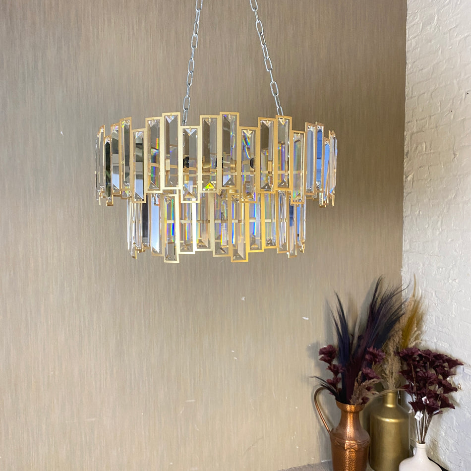 Design Kronleuchter golden mit Glasprismen – Luxor rund Lampe