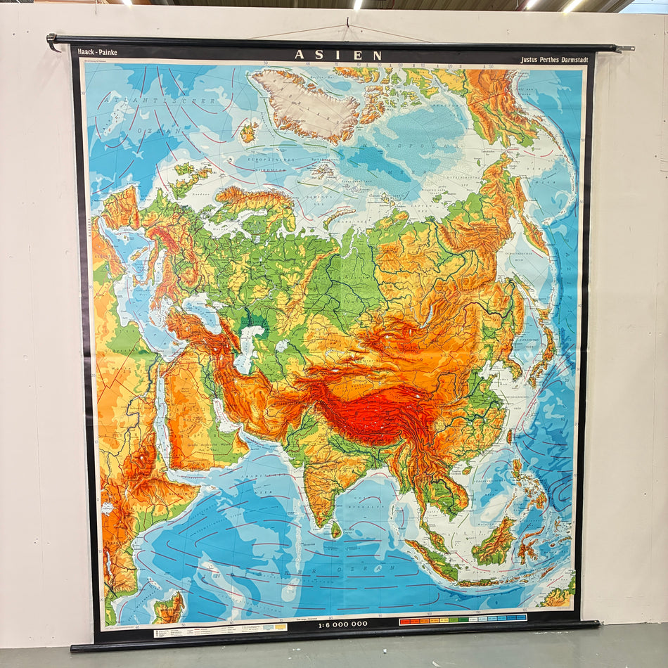 Vintage School Map – Physical Map of Asia – Geography Teaching Chart by Haack Painke, Wall Map, Used