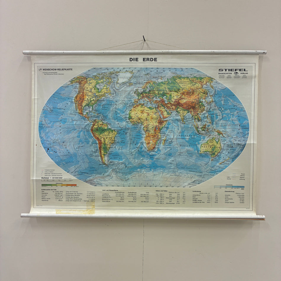 Vintage Schulkarte – Die Erde Welt-Reliefkarte – Geografie Lehrtafel Rollbild Wanddeko