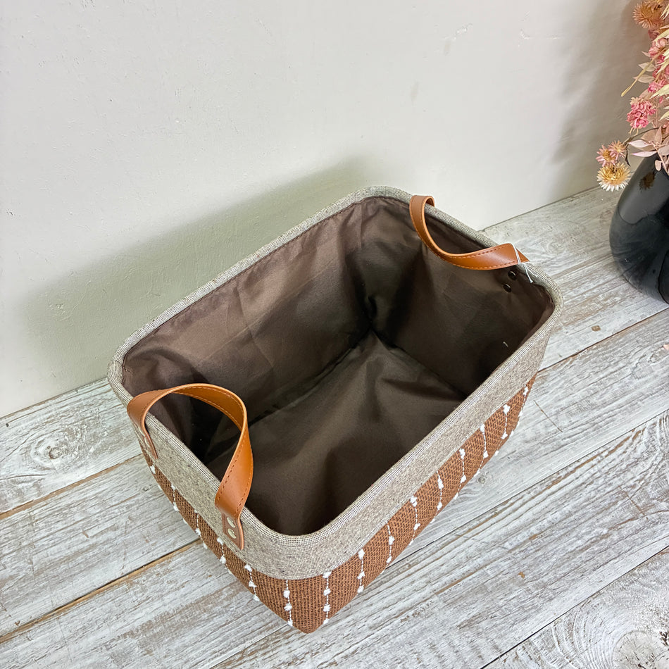 KidsDepot Aufbewahrungskorb Stoffkorb Braun Grau S Ledergriffe Deko