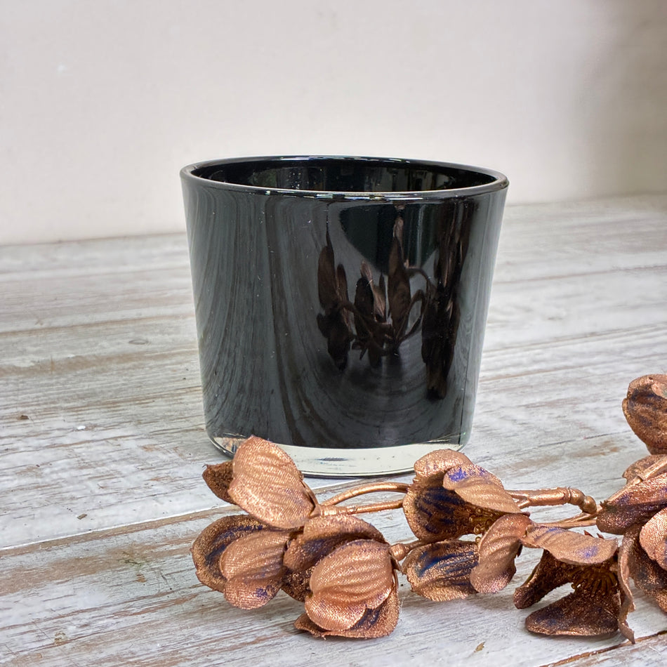 Schwarzer Glas-Übertopf Windlicht Deko-Vase Schwarz Glänzend Teelichthalter Gebraucht